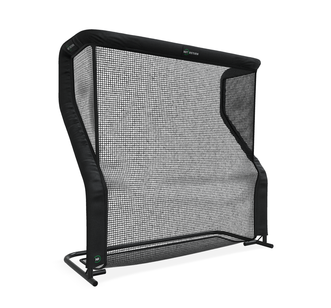 Black sports net with a sturdy frame, designed for practice or training purposes, set against a plain white background.